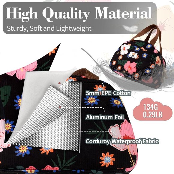 Cute Corduroy Lunch Box for Women & Teens, Insulated Flower Tote for Work - Picture 2 of 8